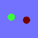 A bright green spot and a dark red spot on a uniform sky-blue background.